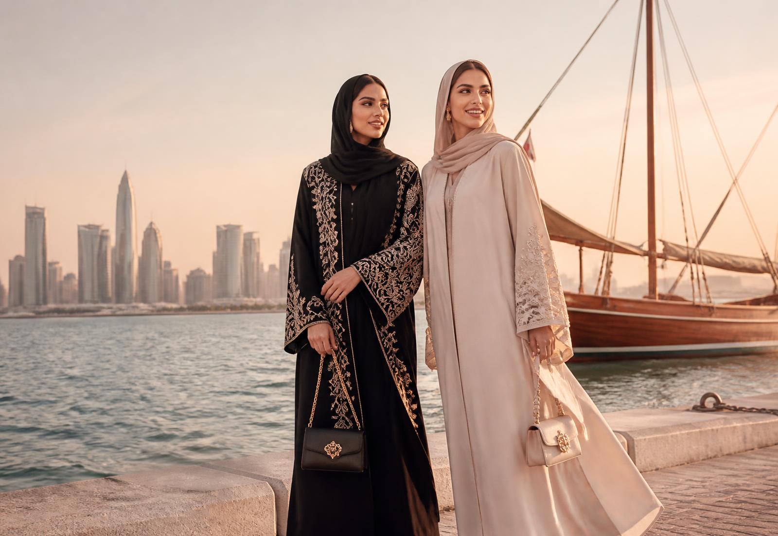 Two Aragsan Fashion models in embroidered black and cream abayas at golden hour